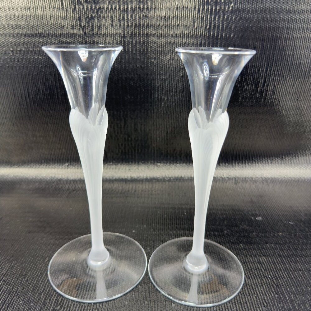 Sasaki Aegean Clear Frosted Stems Glass Crystal Candlestick Holder Set 2 Vintage - Picture 12 of 13